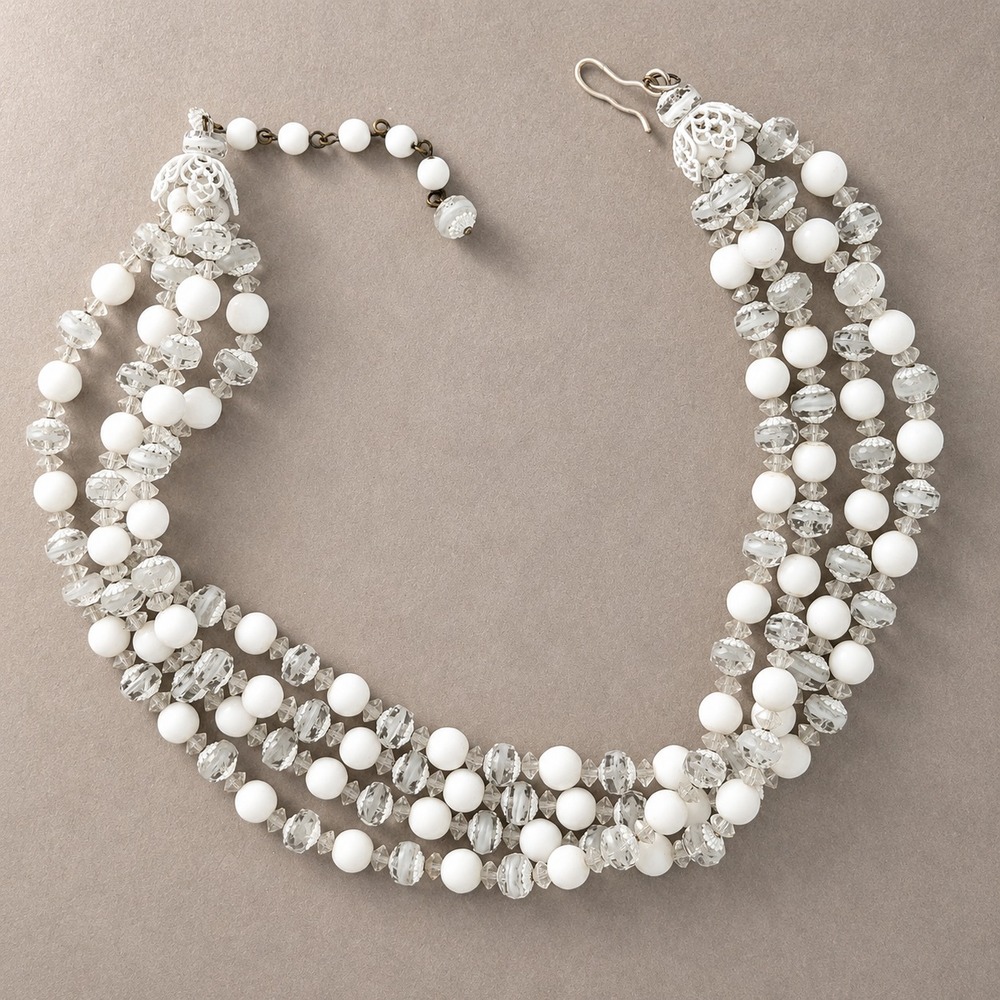 Vintage Multi Strand Milk Glass & Clear Faceted Bead Necklace White Filigree 16"